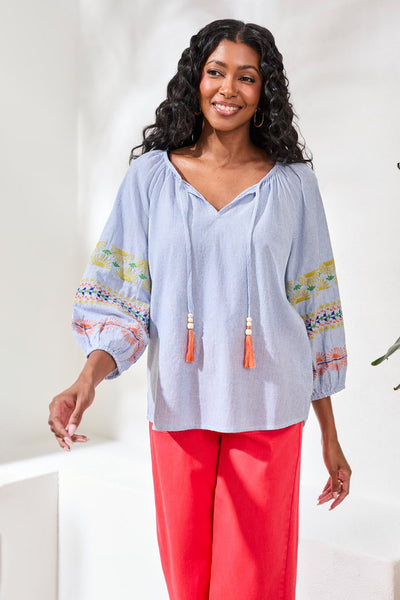 Embroidered Balloon Sleeve Tassel Tie Notch Neck Blouse-Baja blue