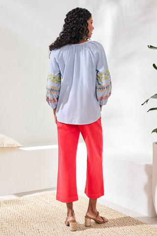 Embroidered Balloon Sleeve Tassel Tie Notch Neck Blouse-Baja blue