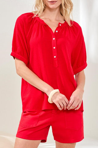 Gingham Semi-Sheer Notch Neck Blouse with Button Detail-Sangria