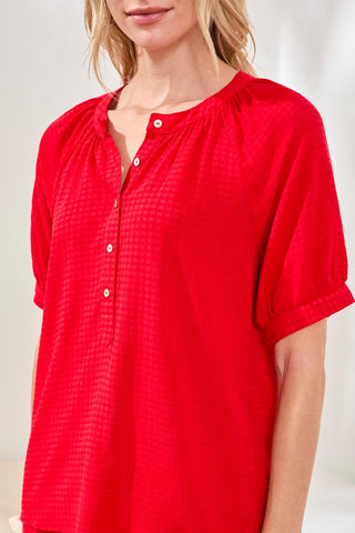 Gingham Semi-Sheer Notch Neck Blouse with Button Detail-Sangria
