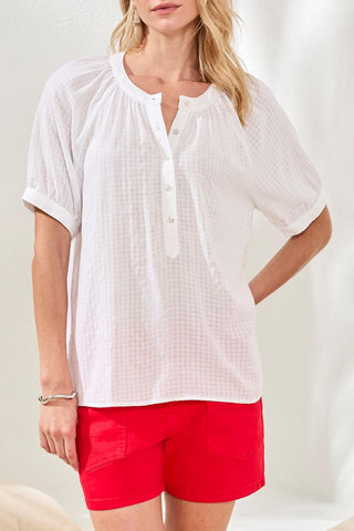 Gingham Semi-Sheer Notch Neck Blouse with Button Detail-White