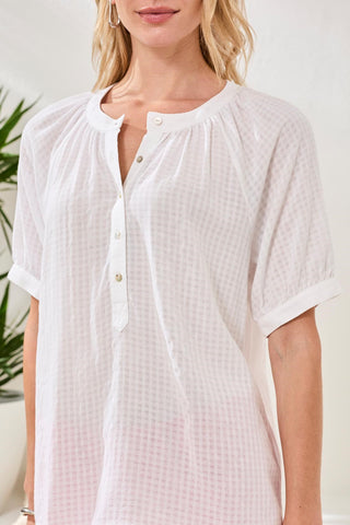 Gingham Semi-Sheer Notch Neck Blouse with Button Detail-White