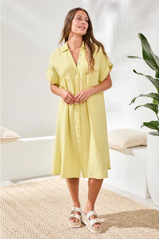 Crinkle Gauze Short Sleeve Empire Waist Midi Dress-Lemongrass