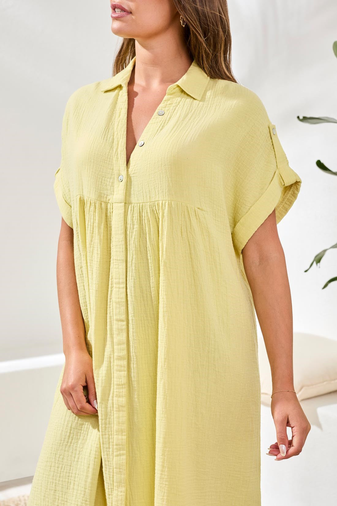 Crinkle Gauze Short Sleeve Empire Waist Midi Dress-Lemongrass Tribal Fashion Crinkle Gauze Short Sleeve Empire Waist Midi Dress-Lemongrass Tribal Fashion