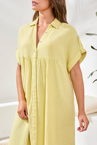 Crinkle Gauze Short Sleeve Empire Waist Midi Dress-Lemongrass