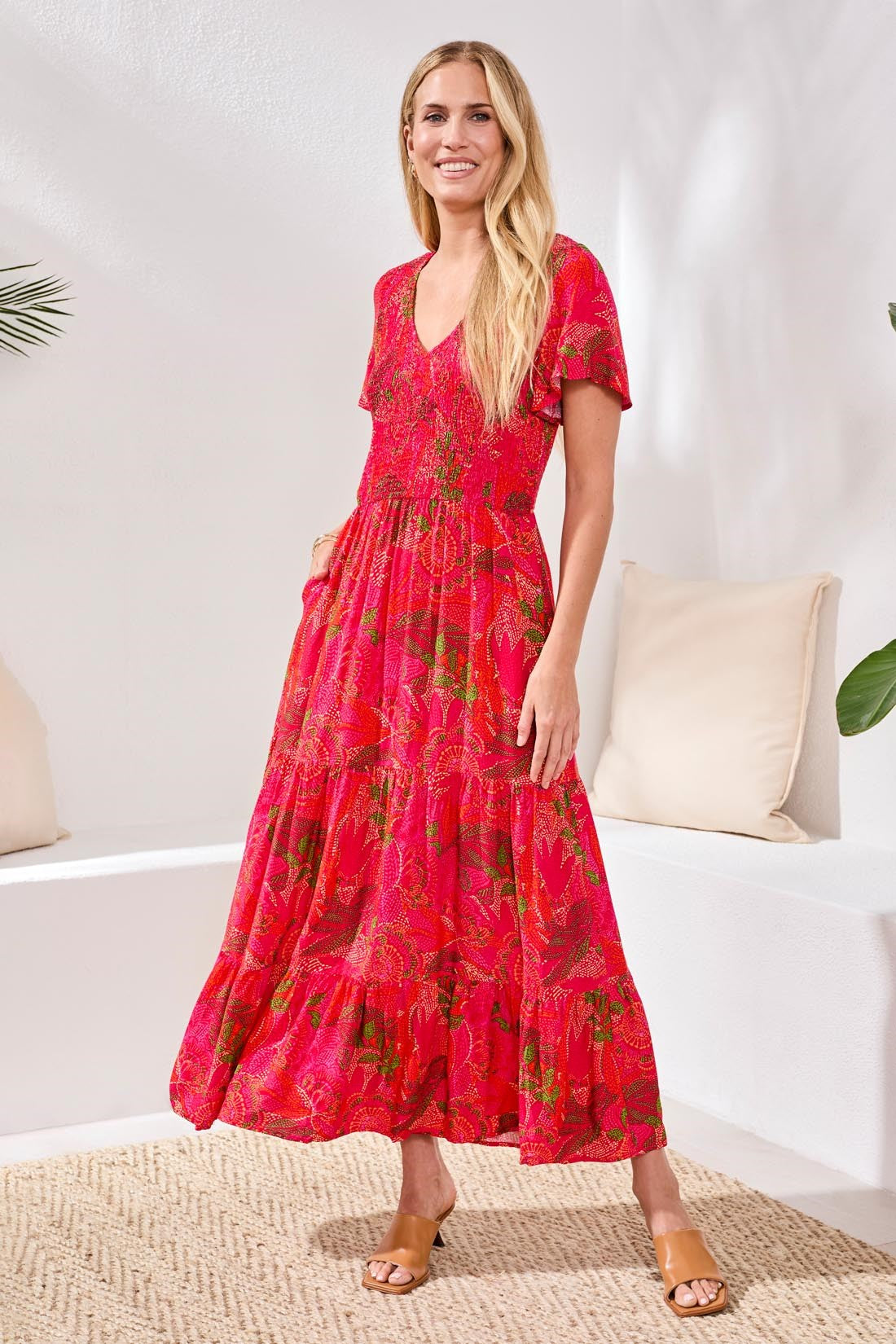 Ruched-Top Short Sleeve Maxi Dress-Sangria M Ruched-Top Short Sleeve Maxi Dress-Sangria M
