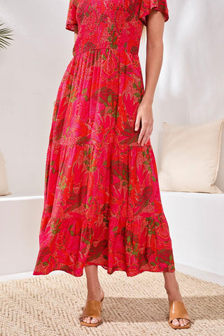 Ruched-Top Short Sleeve Maxi Dress-Sangria