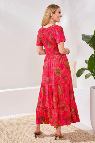Ruched-Top Short Sleeve Maxi Dress-Sangria