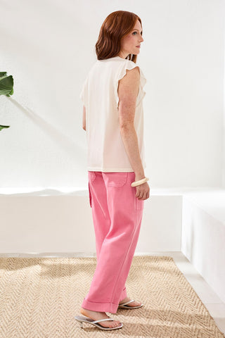 Ruffle-Sleeve V-Neck Mixed Media Top-Eggshell