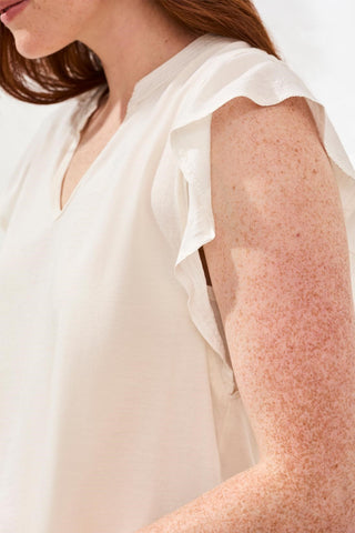 Ruffle-Sleeve V-Neck Mixed Media Top-Eggshell