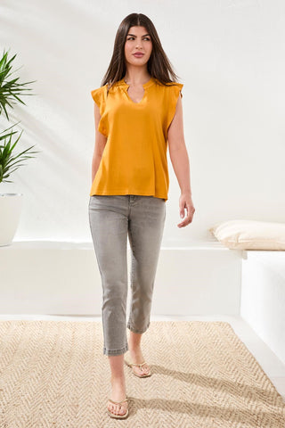 Ruffle-Sleeve V-Neck Mixed Media Top-Orchidglow