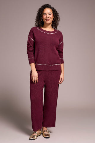 Saddle Stitch Crew Neck Sweater-Wine