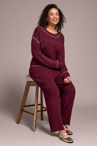Saddle Stitch Crew Neck Sweater-Wine