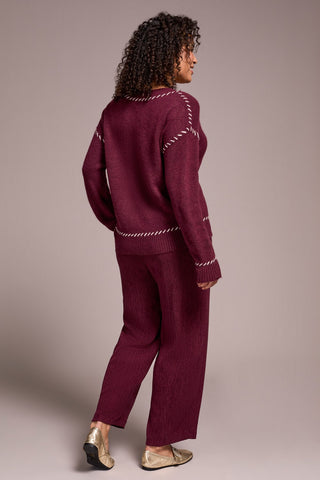 Saddle Stitch Crew Neck Sweater-Wine
