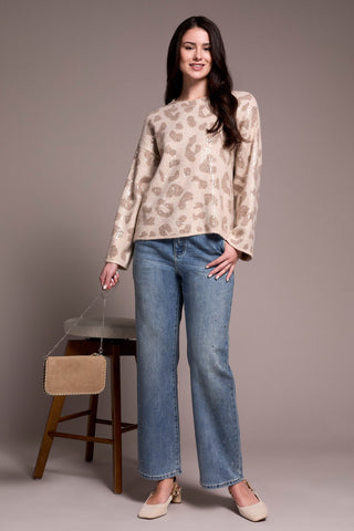 Sequin Animal Print Crew Neck Jacquard Sweater-Sandstone