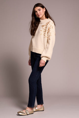 Sequin Floral Applique Mock Neck Sweater-H latte