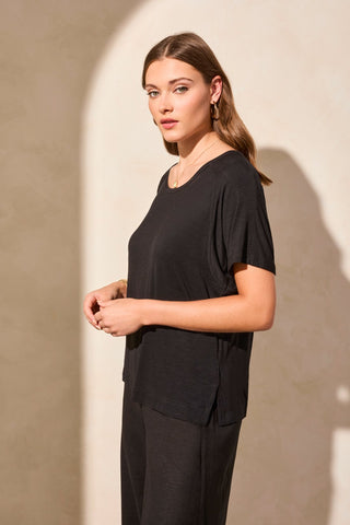 Short Sleeve Back-Shirred Crewneck Top-Black