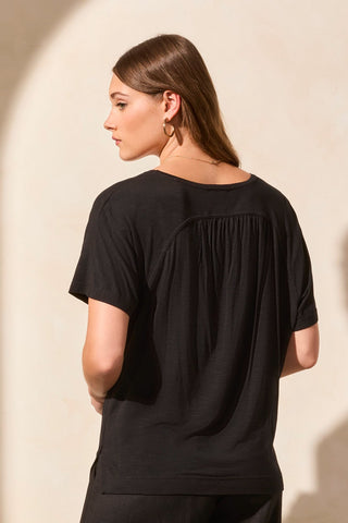 Short Sleeve Back-Shirred Crewneck Top-Black