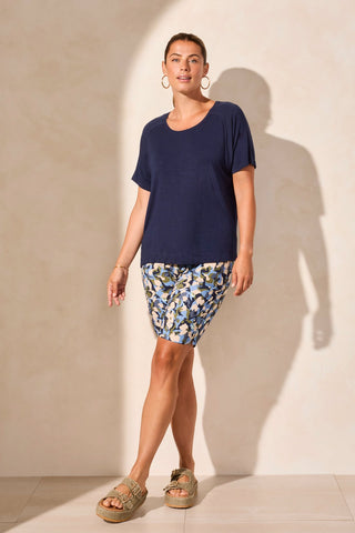 FLOWY JERSEY CREW NECK TOP WITH SHIRRED BACK-Jet Blue