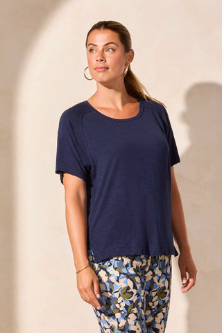 FLOWY JERSEY CREW NECK TOP WITH SHIRRED BACK-Jet Blue