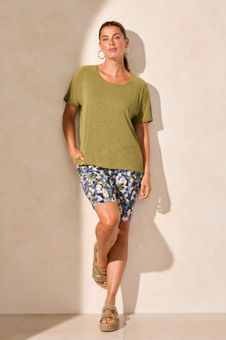 Short Sleeve Back-Shirred Crewneck Top-Loden