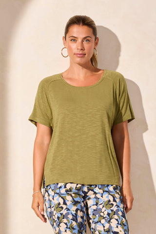 Short Sleeve Back-Shirred Crewneck Top-Loden