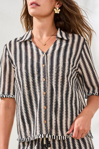 Jacquard Stripe Short Sleeve Button-Front Camp Shirt-Black