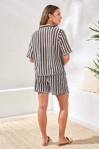 Jacquard Stripe Short Sleeve Button-Front Camp Shirt-Black