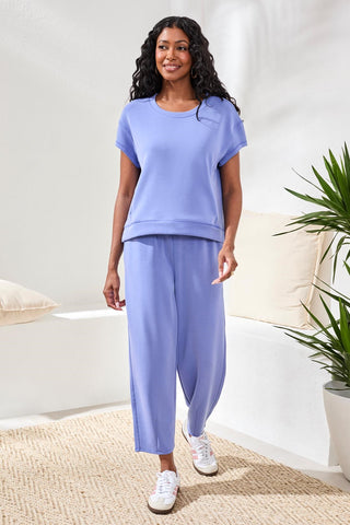 Soft Modal Cap-Sleeve Crew Neck Top With Kangaroo Pocket-Baja blue