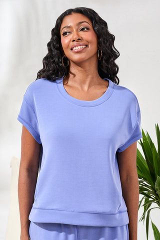 Soft Modal Cap-Sleeve Crew Neck Top With Kangaroo Pocket-Baja blue
