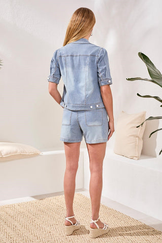 Soft Striped Denim Elbow Sleeve Buttoned Jacket-Seaport