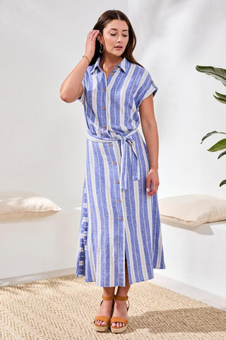 Short-Sleeve Striped Shirt Dress-Marina