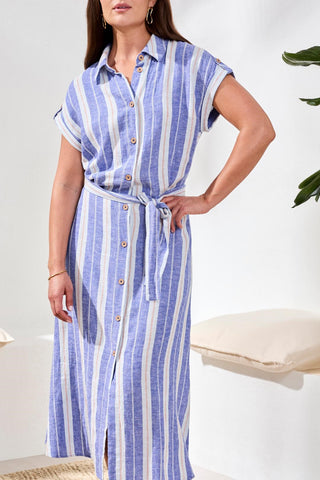 Short-Sleeve Striped Shirt Dress-Marina