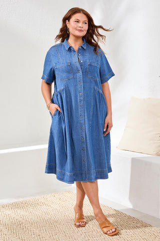 Size Inclusive Button Down Flowy Denim Dress-Fjordblue