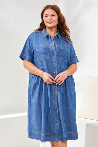 Size Inclusive Button Down Flowy Denim Dress-Fjordblue