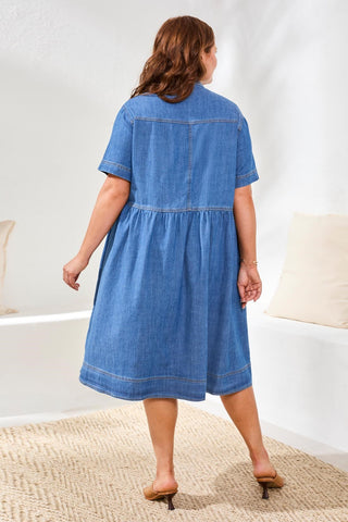 Size Inclusive Button Down Flowy Denim Dress-Fjordblue