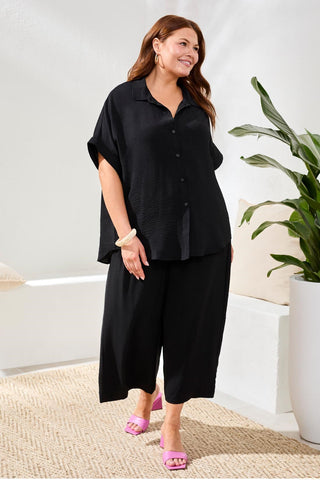 Size Inclusive Airflow Relaxed Dolman Button-Down Shirt-Black