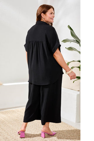 Size Inclusive Airflow Relaxed Dolman Button-Down Shirt-Black