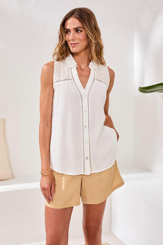 Crinkle Gauze Embroidered Lace Trim Sleeveless Blouse-Oceanpearl