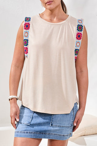 Jersey Sleeveless Crew Neck Top with Embroidery Detail-Oatmeal