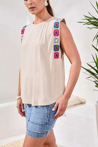 Jersey Sleeveless Crew Neck Top with Embroidery Detail-Oatmeal