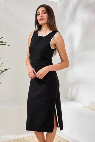 Sleeveless Rib-Knit Midi Dress With Contrast Trim-Black