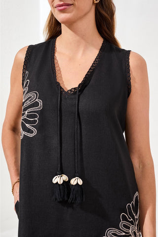 Embroidered V-Neck Sleeveless Dress With Tassel Accents-Black