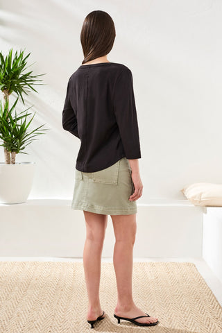 Slub Knit 3/4 Sleeve Scoop Neck Top With Buttons-Black