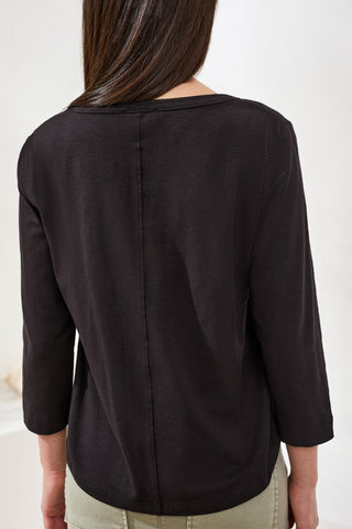 Slub Knit 3/4 Sleeve Scoop Neck Top With Buttons-Black