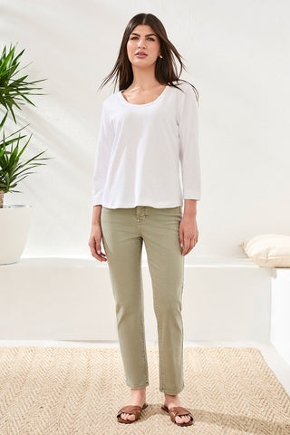 Slub Knit 3/4 Sleeve Scoop Neck Top With Buttons-White