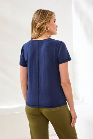 Slub Knit V-Neck Top With Double Trim Detail-Jet blue