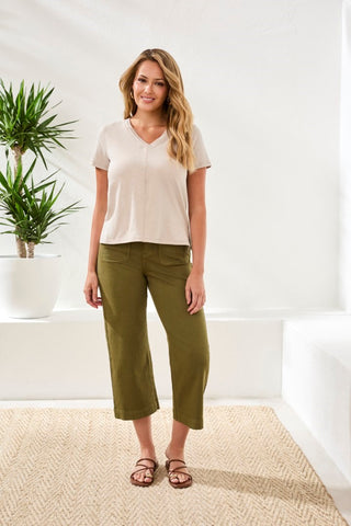 Slub Knit V-Neck Top With Double Trim Detail-Quartz