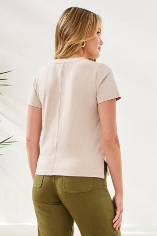 Slub Knit V-Neck Top With Double Trim Detail-Quartz