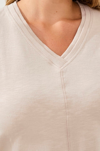 Slub Knit V-Neck Top With Double Trim Detail-Quartz